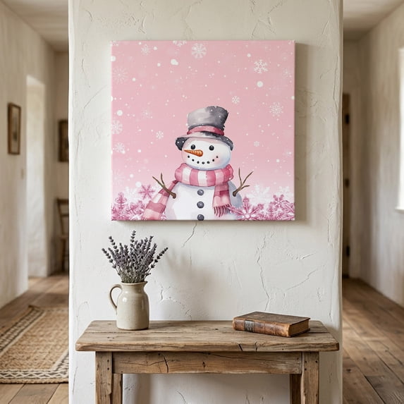 Ships Next Day Canvas Wall Art 16"x16", Pink Snowman Christmas Wood Framed Canvas Print Painting, Xmas Pink Snowflake Winter Ready to Hang Picture Wall Decor for Home Bedroom Kitchen Office