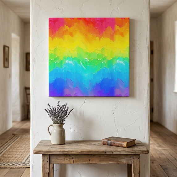 Ships Next Day Canvas Wall Art 16"x16", Rainbow Oil Painting Wood Framed Canvas Print Painting, Watercolor Colorful Abstract Art Ready to Hang Picture Wall Decor for Home Bedroom Kitchen Office