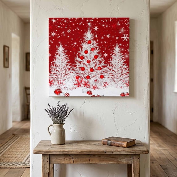 Ships Next Day Canvas Wall Art 16"x16", Red Christmas Wood Framed Canvas Print Painting, Xmas Tree Ball Snowflake Winter Ready to Hang Picture Wall Decor for Home Bedroom Kitchen Office