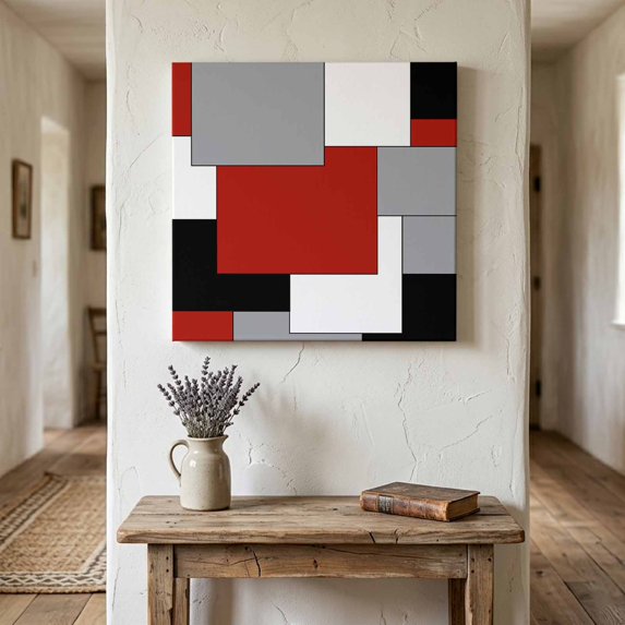 Ships Next Day Canvas Wall Art 16"x16", Red Grey Black Geometric Wood Framed Canvas Print Painting, Middle Century Modern Art Abstract Ready to Hang Picture Wall Decor for Home Bedroom Kitchen Office