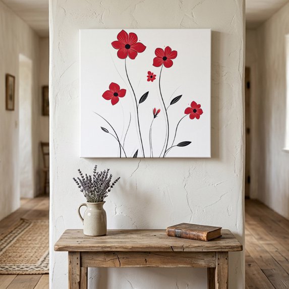 Ships Next Day Canvas Wall Art 16"x16", Red Spring Floral Wood Framed Canvas Print Painting, Pastoral Summer Botanical Elegant Ready to Hang Picture Wall Decor for Home Bedroom Kitchen Office