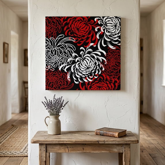 Ships Next Day Canvas Wall Art 16"x16", Red White Wood Framed Canvas Print Painting, Abstract Black Chrysanthemum Flower Floral Ready to Hang Picture Wall Decor for Home Bedroom Kitchen Office