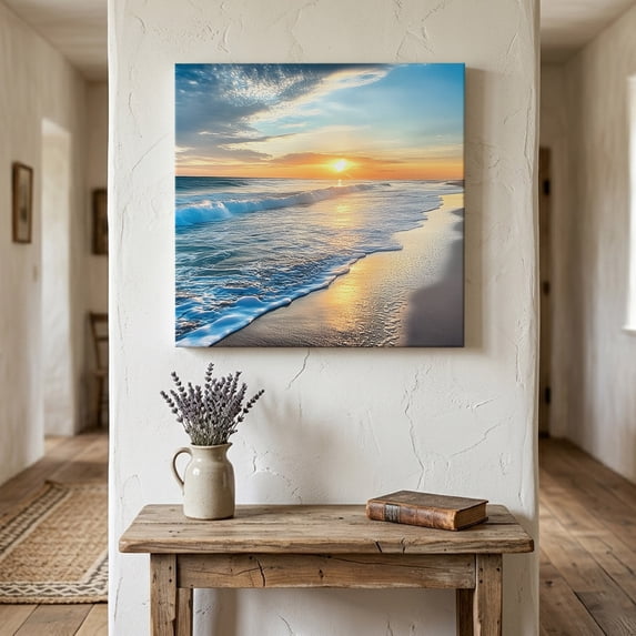 Ships Next Day Canvas Wall Art 16"x16", Sunset Beach Wood Framed Canvas Print Painting, Spray Ocean Waves Sky Nature Scenery Ready to Hang Picture Wall Decor for Home Bedroom Kitchen Office