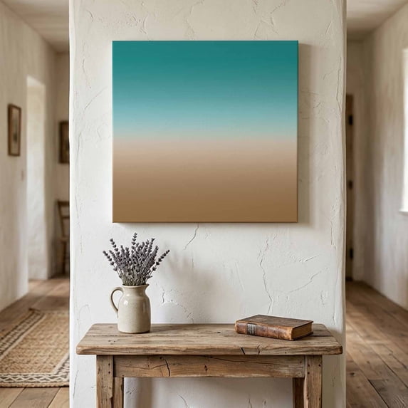 Ships Next Day Canvas Wall Art 16"x16", Teal Brown Ombre Wood Framed Canvas Print Painting, Turquoise Gradient Modern Abstract Art Ready to Hang Picture Wall Decor for Home Bedroom Kitchen Office