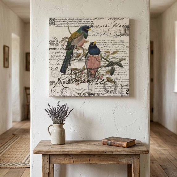 Ships Next Day Canvas Wall Art 16"x16", Vintage Birds Wood Framed Canvas Print Painting, Country Envelope Postmark Farmhouse Botancial Ready to Hang Picture Wall Decor for Home Bedroom Kitchen Office