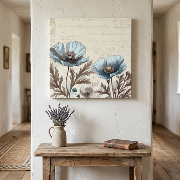 Ships Next Day Canvas Wall Art 16"x16", Vintage Flowers Wood Framed Canvas Print Painting, Teal Blue Floral Brown Butterfly Leaf Ready to Hang Picture Wall Decor for Home Bedroom Kitchen Office