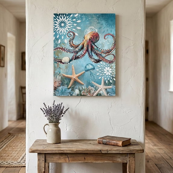 Ships Next Day Canvas Wall Art 16"x20", Coastal Octopus Wood Framed Canvas Print Painting, Vintage Teal Nautical Beach Botanical Ready to Hang Picture Wall Decor for Home Bedroom Living Room Dining