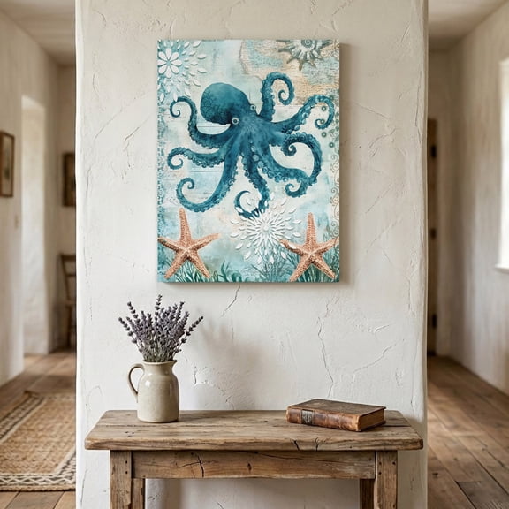 Ships Next Day Canvas Wall Art 18"x24", Coastal Octopus Wood Framed Canvas Print Painting, Teal Nautical Beach Starfish Vintage Ready to Hang Picture Wall Decor for Home Bedroom Living Room Dining