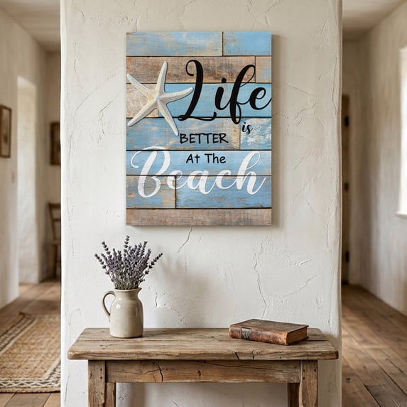 Ships Next Day Canvas Wall Art 24"x36",Blue Beach Wood Framed Canvas Print Painting,Coastal Starfish Graffiti Retro Wooden Plank Ready to Hang Large Picture Wall Decor for Bedroom Living Room Office