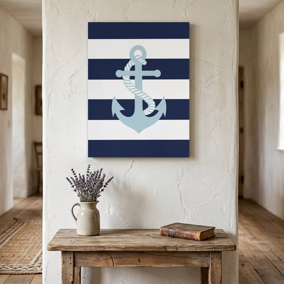 Ships Next Day Canvas Wall Art 24"x36", Navy Blue Striped Wood Framed Canvas Print Painting, Blue Anchor Nautical Farmhouse Ready to Hang Large Picture Wall Decor for Home Bedroom Living Room Office