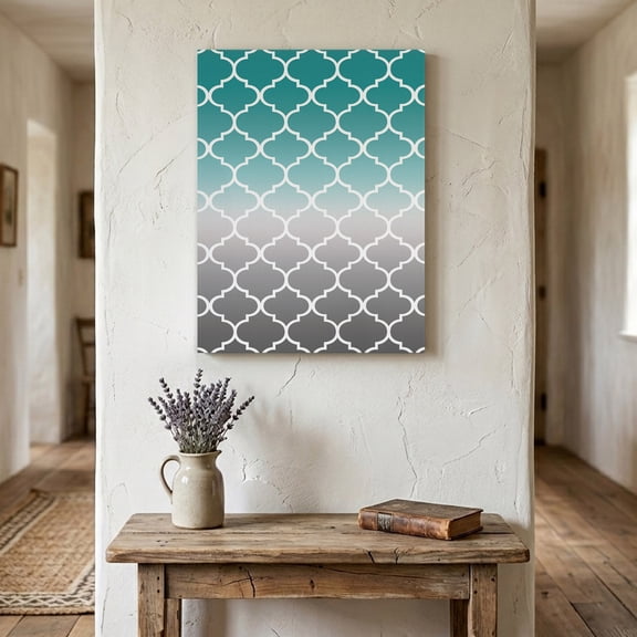 Ships Next Day Canvas Wall Art 24"x36",Teal Grey Ombre Morocco Pattern Wood Framed Canvas Print Painting,Modern Moroccan Geometric Ready to Hang Large Picture Wall Decor for Bedroom Living Room