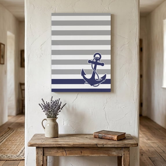 Ships Next Day Canvas Wall Art 8"x10", Anchor Gray Wood Framed Canvas Print Painting, Modern Navy Blue White Striped Nautical Ready to Hang Small Picture Wall Decor for Home Bathroom Nursery Office