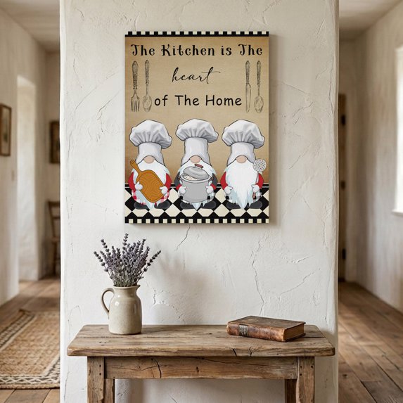 Ships Next Day Canvas Wall Art 8"x10", Farmhouse Chef Gnomes Wood Framed Canvas Print Painting, Vintage Black White Plaid Ready to Hang Small Picture Wall Decor for Home Bathroom Nursery Office