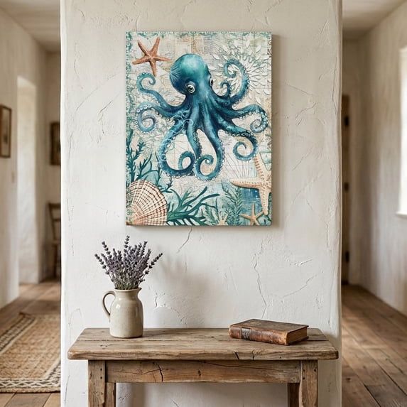 Ships Next Day Canvas Wall Art 8"x10", Nautical Octopus Wood Framed Canvas Print Painting, Coastal Vintage Coral Starfish Ocean Ready to Hang Small Picture Wall Decor for Home Bathroom Nursery Office