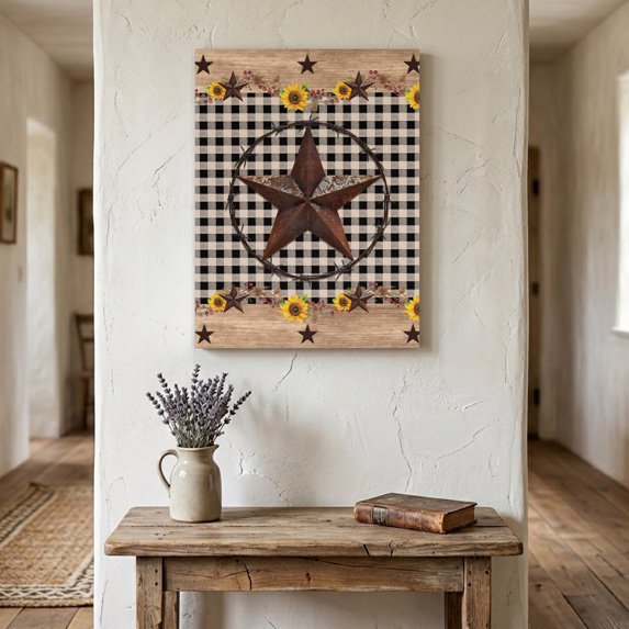 Ships Next Day Canvas Wall Art 8"x10",Texas Star Vintage Wood Framed Canvas Print Painting,Farmhouse Country Sunflower Black Plaid Ready to Hang Small Picture Wall Decor for Bathroom Nursery Office