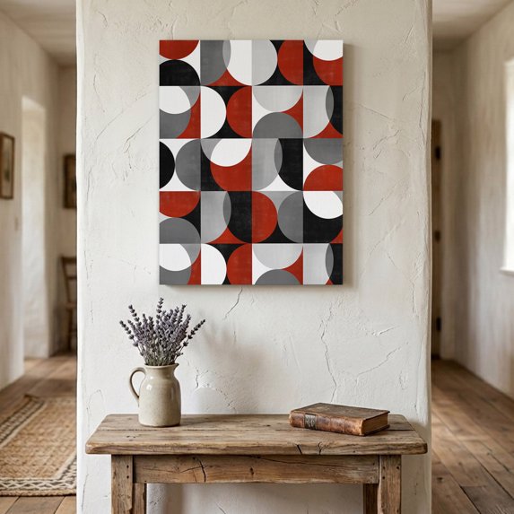 Ships Next Day Canvas Wall Art 8"x12", Red Grey Wood Framed Canvas Print Painting, Abstract Retro Middle Century Geometric Art Ready to Hang Small Picture Wall Decor for Home Hallway Bathroom Bedroom