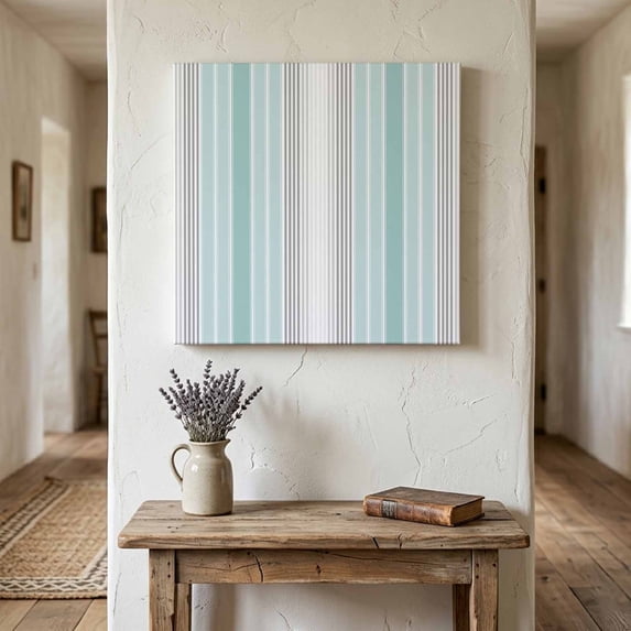 Ships Next Day Canvas Wall Art 8"x8", Aqua Gray Stripes Wood Framed Canvas Print Painting, Minimalist Gradient Lines Ready to Hang Small Picture Wall Decor for Home Bathroom Nursery Kitchen