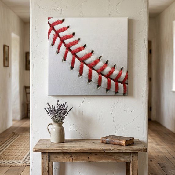Ships Next Day Canvas Wall Art 8"x8", Baseball Wood Framed Canvas Print Painting, Red White Texture Sports Ball Minimalist Ready to Hang Small Picture Wall Decor for Home Bathroom Nursery Kitchen