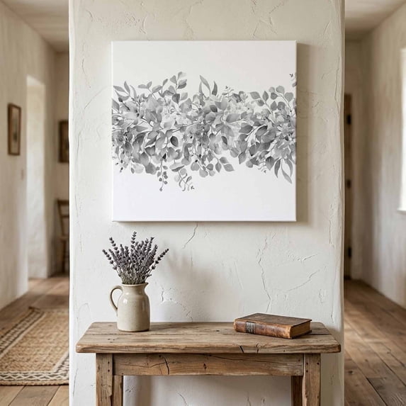 Ships Next Day Canvas Wall Art 8"x8",Black Grey Eucalyptus Leaves Wood Framed Canvas Print Painting,Spring Summer Botanical Floral Ready to Hang Small Picture Wall Decor for Bathroom Nursery Kitchen