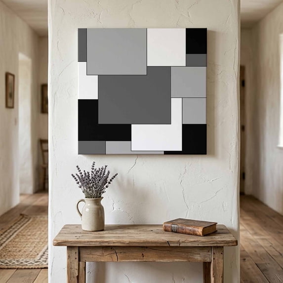 Ships Next Day Canvas Wall Art 8"x8", Black Grey Wood Framed Canvas Print Painting, Middle Century Irregular Geo Abstract Art Ready to Hang Small Picture Wall Decor for Home Bathroom Nursery Kitchen