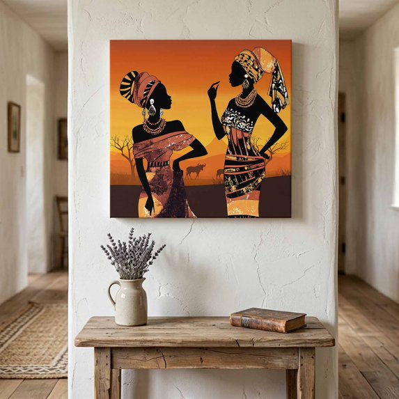 Ships Next Day Canvas Wall Art 8"x8", Black Orange Girls Boho Wood Framed Canvas Print Painting, Vintage Ethnic Abstract Art Ready to Hang Small Picture Wall Decor for Home Bathroom Nursery Kitchen