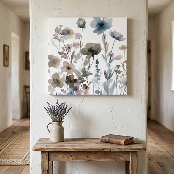 Ships Next Day Canvas Wall Art 8"x8", Blue Grey Pink Spring Floral Wood Framed Canvas Print Painting, Watercolor Botanical Ready to Hang Small Picture Wall Decor for Home Bathroom Nursery Kitchen