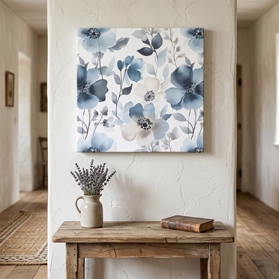 Ships Next Day Canvas Wall Art 8"x8", Blue Spring Floral Wood Framed Canvas Print Painting, Watercolor Summer Flowers Abstract Ready to Hang Small Picture Wall Decor for Home Bathroom Nursery Kitchen