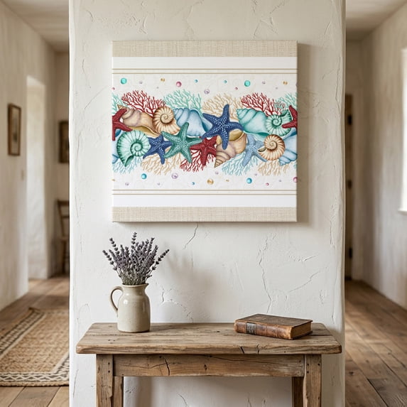 Ships Next Day Canvas Wall Art 8"x8",Blue Starfish Beach Wood Framed Canvas Print Painting,Summer Coral Conch Coastal Retro Beige Ready to Hang Small Picture Wall Decor for Bathroom Nursery Kitchen
