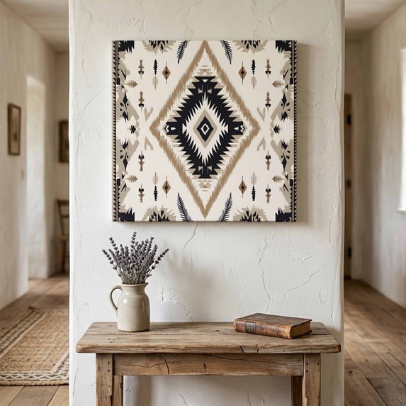 Ships Next Day Canvas Wall Art 8"x8", Boho Black Brown Wood Framed Canvas Print Painting, Retro Geometric Southwestern Ethnic Ready to Hang Small Picture Wall Decor for Home Bathroom Nursery Kitchen