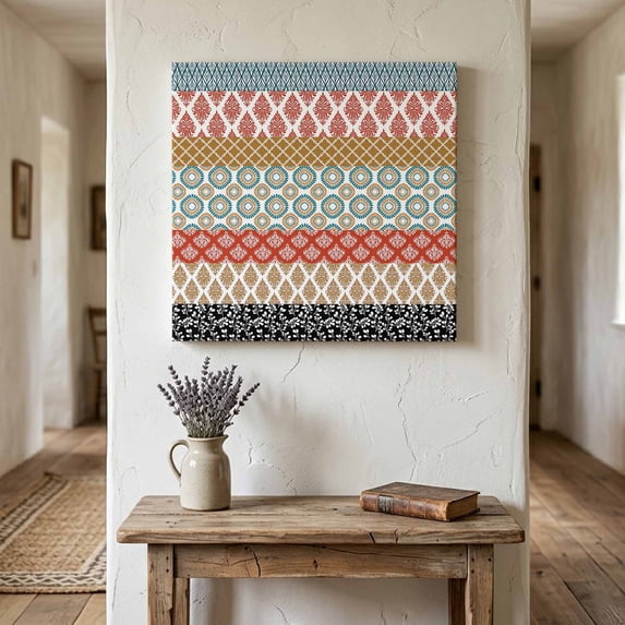 Ships Next Day Canvas Wall Art 8"x8",Boho Wood Framed Canvas Print Painting,Colorful Striped Ethnic Modern Geometric Abstract Art Ready to Hang Small Picture Wall Decor for Bathroom Nursery Kitchen