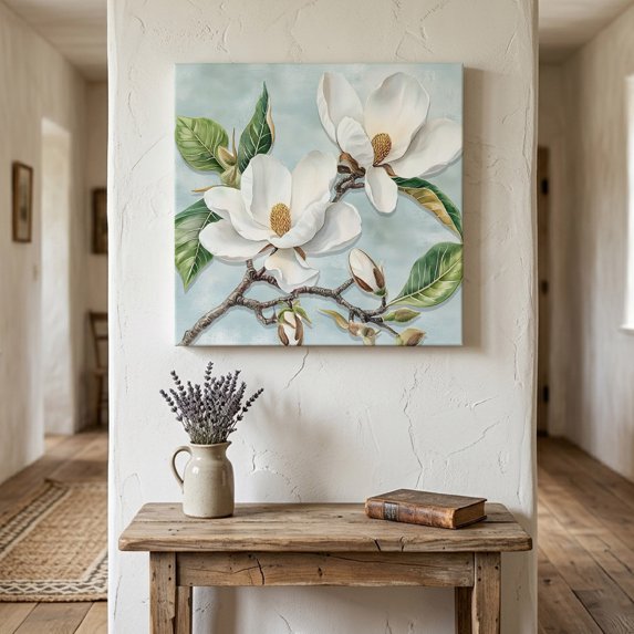 Ships Next Day Canvas Wall Art 8"x8", Botanical Flowers Wood Framed Canvas Print Painting, Country Magnolia Leaves Branches Ready to Hang Small Picture Wall Decor for Home Bathroom Nursery Kitchen