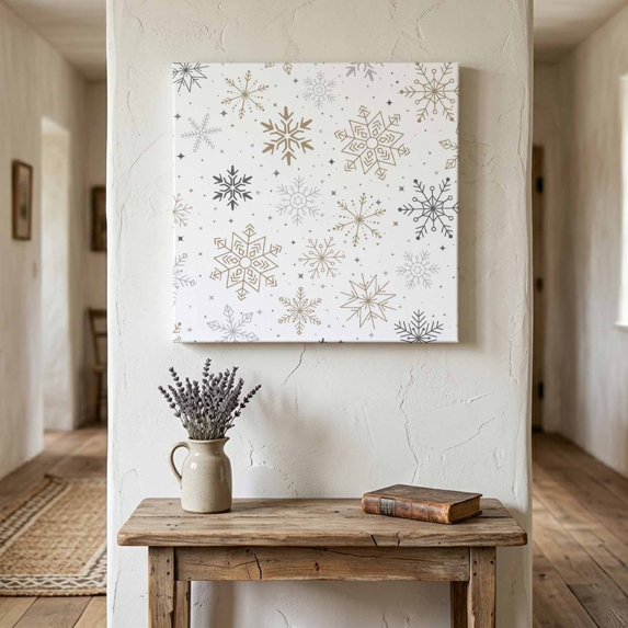 Ships Next Day Canvas Wall Art 8"x8", Christmas Snowflakes Wood Framed Canvas Print Painting, Modern Xmas Winter Minimalist Ready to Hang Small Picture Wall Decor for Home Bathroom Nursery Kitchen