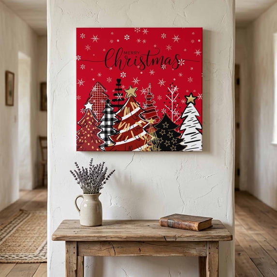 Ships Next Day Canvas Wall Art 8"x8", Christmas Trees Wood Framed Canvas Print Painting, Red Xmas Pine Tree Snowflake Plaid Ready to Hang Small Picture Wall Decor for Home Bathroom Nursery Kitchen