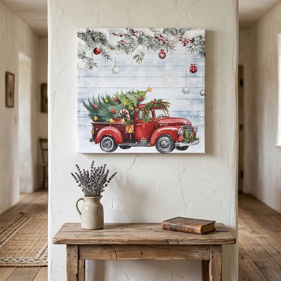 Ships Next Day Canvas Wall Art 8"x8",Christmas Truck Wood Framed Canvas Print Painting,Xmas Tree Branch Red Balls Snowflake Rustic Ready to Hang Small Picture Wall Decor for Bathroom Nursery Kitchen
