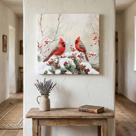 Ships Next Day Canvas Wall Art 8"x8", Christmas Wood Framed Canvas Print Painting, Red Birds Snowflake Berry Botanical Ready to Hang Small Picture Wall Decor for Home Bathroom Nursery Kitchen