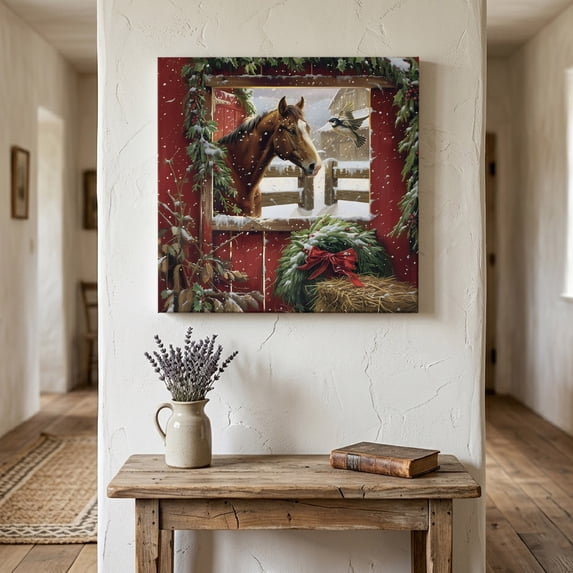 Ships Next Day Canvas Wall Art 8"x8", Christmas Wood Framed Canvas Print Painting, Winter Pine Needles Horse Red Farmhouse Ready to Hang Small Picture Wall Decor for Home Bathroom Nursery Kitchen