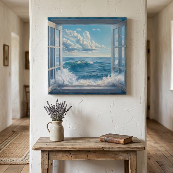 Ships Next Day Canvas Wall Art 8"x8", Coastal Wood Framed Canvas Print Painting, Window Nautical Beach Blue Seaside Ready to Hang Small Picture Wall Decor for Home Bathroom Nursery Kitchen