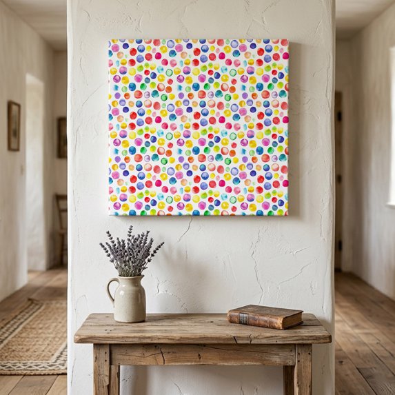 Ships Next Day Canvas Wall Art 8"x8", Colorful Polka Dot Wood Framed Canvas Print Painting, Watercolor Rainbow Polka Dots Ready to Hang Small Picture Wall Decor for Home Bathroom Nursery Kitchen