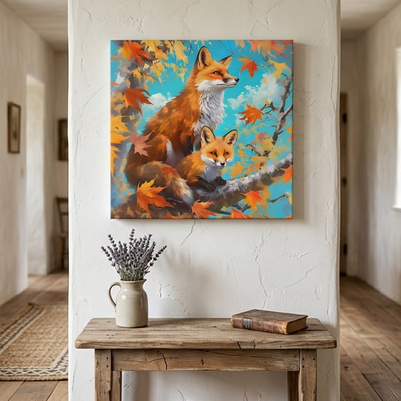 Ships Next Day Canvas Wall Art 8"x8", Fall Forest Fox Wood Framed Canvas Print Painting, Fall Orange Red Autumn Maple Leaves Ready to Hang Small Picture Wall Decor for Home Bathroom Nursery Kitchen