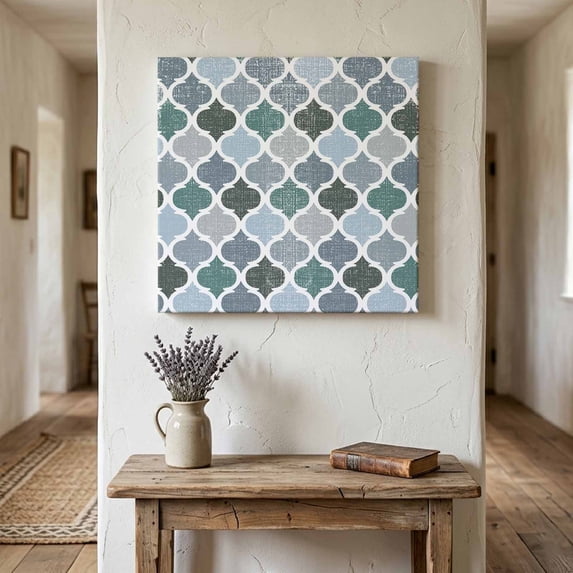 Ships Next Day Canvas Wall Art 8"x8",Green Grey Morocco Pattern Wood Framed Canvas Print Painting,Turquoise Modern Moroccan Geometric Ready to Hang Picture Wall Decor for Bathroom Nursery Kitchen