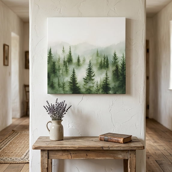 Ships Next Day Canvas Wall Art 8"x8",Green Mist Forest Wood Framed Canvas Print Painting,Foggy Mountain Tree Nature Landscape Ready to Hang Small Picture Wall Decor for Home Bathroom Nursery Kitchen
