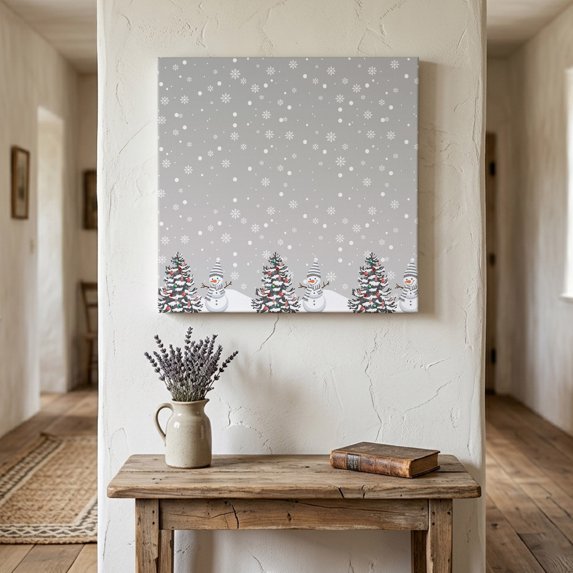 Ships Next Day Canvas Wall Art 8"x8",Grey Christmas Wood Framed Canvas Print Painting,Retro Winter Snowman Xmas Tree Snowflakes Ready to Hang Small Picture Wall Decor for Bathroom Nursery Kitchen