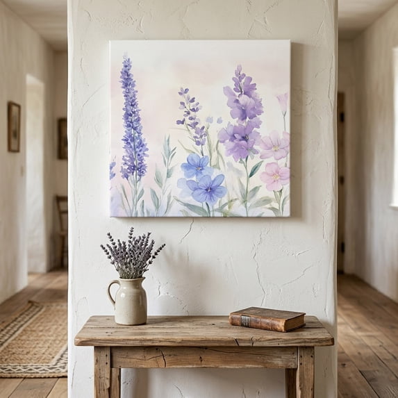 Ships Next Day Canvas Wall Art 8"x8", Lavender Spring Wood Framed Canvas Print Painting, Farmhouse Pastoral Pastel Flowers Ready to Hang Small Picture Wall Decor for Home Bathroom Nursery Kitchen