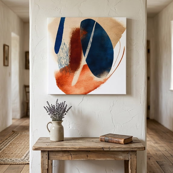 Ships Next Day Canvas Wall Art 8"x8",Navy Blue Burnt Orange Wood Framed Canvas Print Painting,Abstract Contemporary Geometric Ready to Hang Small Picture Wall Decor for Home Bathroom Nursery Kitchen