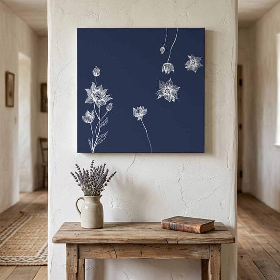 Ships Next Day Canvas Wall Art 8"x8", Navy Blue White Floral Wood Framed Canvas Print Painting, Abstract Art Summer Botanical Ready to Hang Small Picture Wall Decor for Home Bathroom Nursery Kitchen