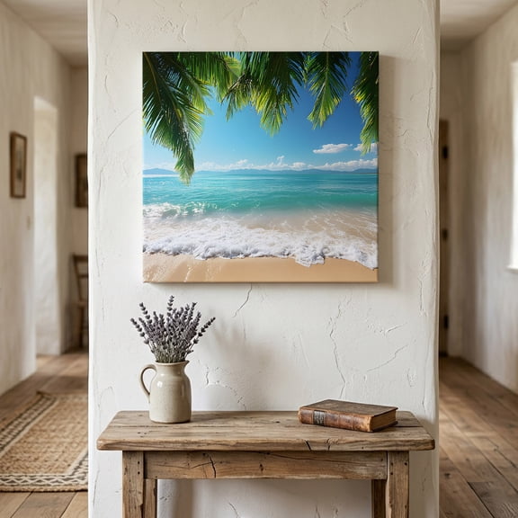 Ships Next Day Canvas Wall Art 8"x8", Ocean Beach Wood Framed Canvas Print Painting, Palm Trees Summer Tropical Island Seaside Ready to Hang Small Picture Wall Decor for Home Bathroom Nursery Kitchen