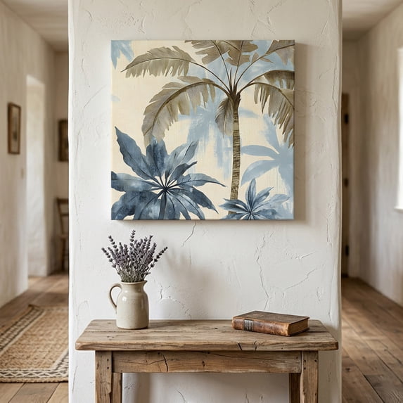 Ships Next Day Canvas Wall Art 8"x8", Palm Tree Beach Wood Framed Canvas Print Painting, Watercolor Botanical Seaside Ready to Hang Small Picture Wall Decor for Home Bathroom Nursery Kitchen