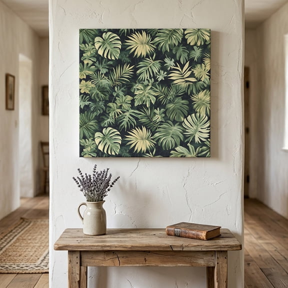 Ships Next Day Canvas Wall Art 8"x8", Palm Tree Leaves Wood Framed Canvas Print Painting, Summer Tropical Green Botanical Ready to Hang Small Picture Wall Decor for Home Bathroom Nursery Kitchen