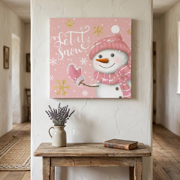 Ships Next Day Canvas Wall Art 8"x8", Pink Snowman Christmas Wood Framed Canvas Print Painting, Xmas Winter Snowflake Let Snow Ready to Hang Small Picture Wall Decor for Home Bathroom Nursery Kitchen