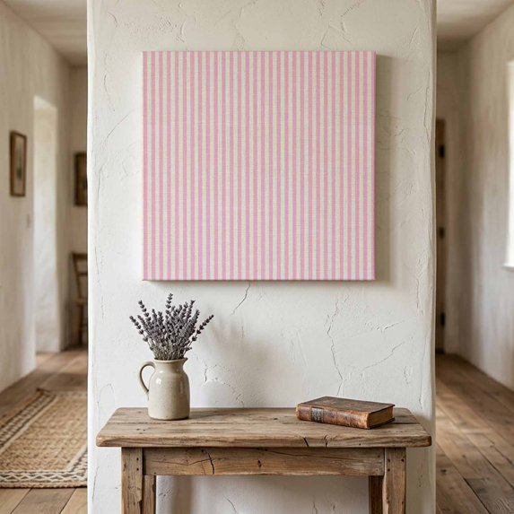 Ships Next Day Canvas Wall Art 8"x8", Pink Striped Wood Framed Canvas Print Painting, Modern Simple Farmhouse Beige Vintage Ready to Hang Small Picture Wall Decor for Home Bathroom Nursery Kitchen